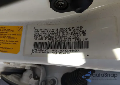 2002 Lexus Es 300 из США, поврежденный, VIN JTHBF30G925030155